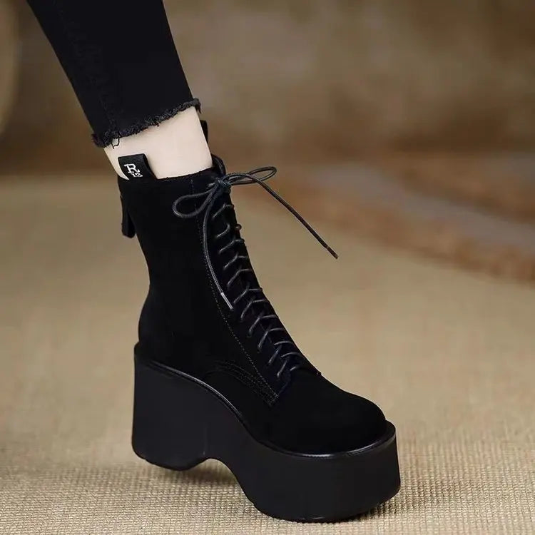 Botas Femininas de Novo Estilo com Zíper Traseiro e Solado Grosso, com Cadarços Ajustáveis 2025