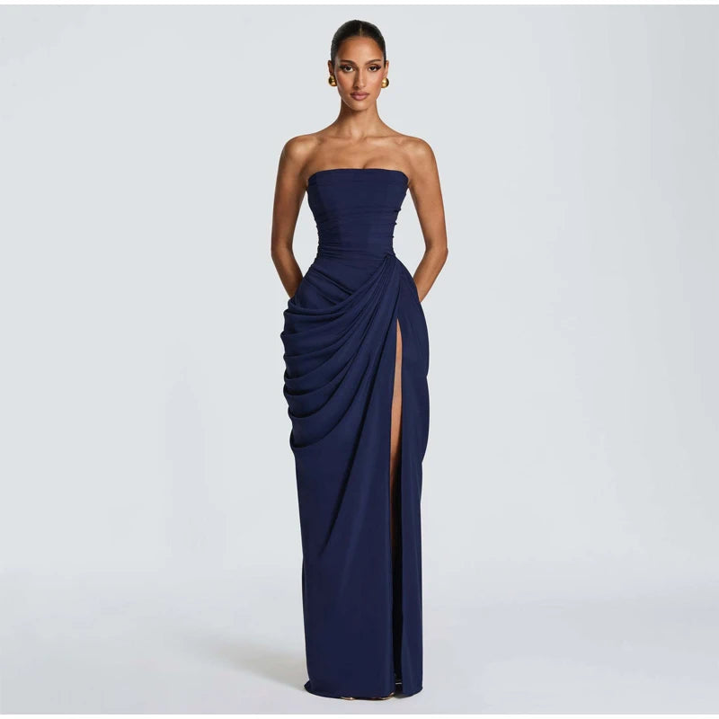 Vestido Elegante Amarelo Plissado Sem Alças para Mulheres, Chique, Sem Mangas, com Cintura Marcada e Fenda, Vestido Longo para Festas Noturnas Femininas 2026
