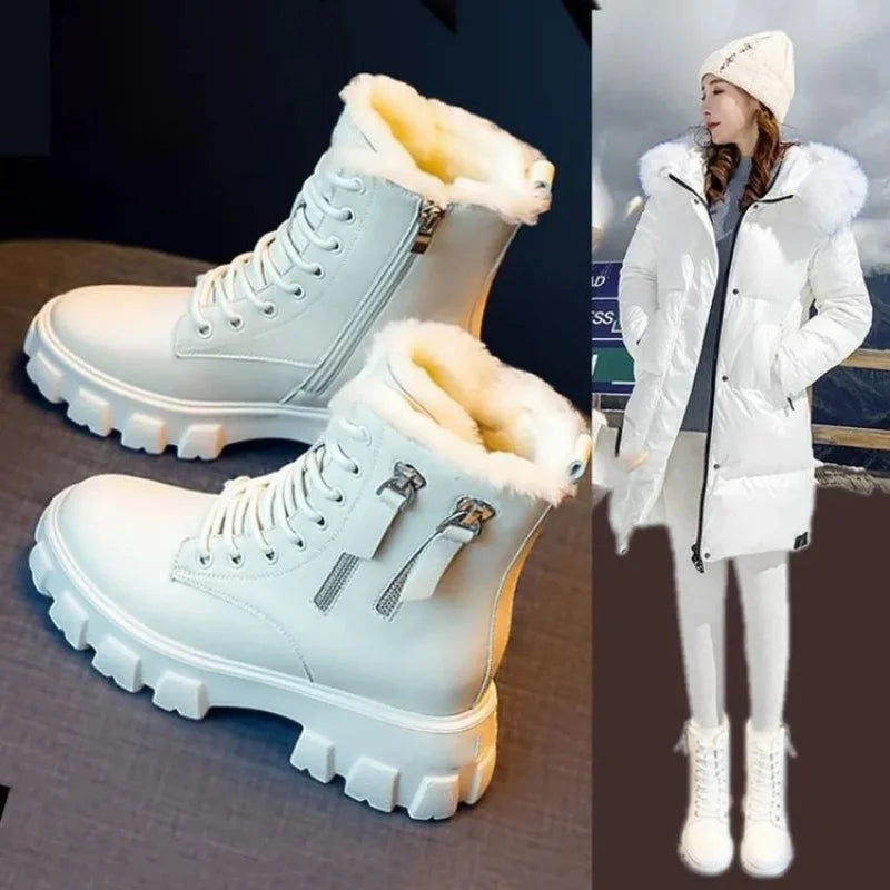 Botas 2025 novo estilo coreano forrado de lã outono inverno sapatos de algodão de alta qualidade botas femininas salto alto meados de bezerro bootsins
