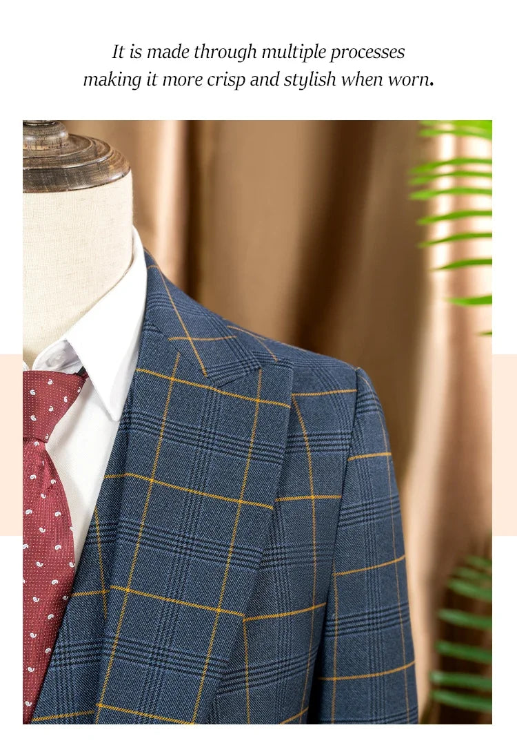 Conjunto de terno xadrez de 3 peças, azul escuro, elegante, para negócios, escritório, casamento, traje formal, elegante, completo, para jantar.