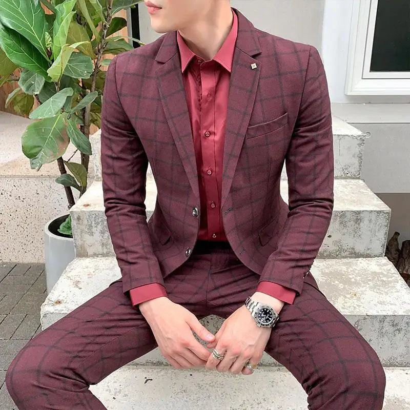 Terno de negócios fino ajuste masculino alta qualidade boutique moda conjunto de duas peças bonito tendência banquete quatro estações calças incluídas