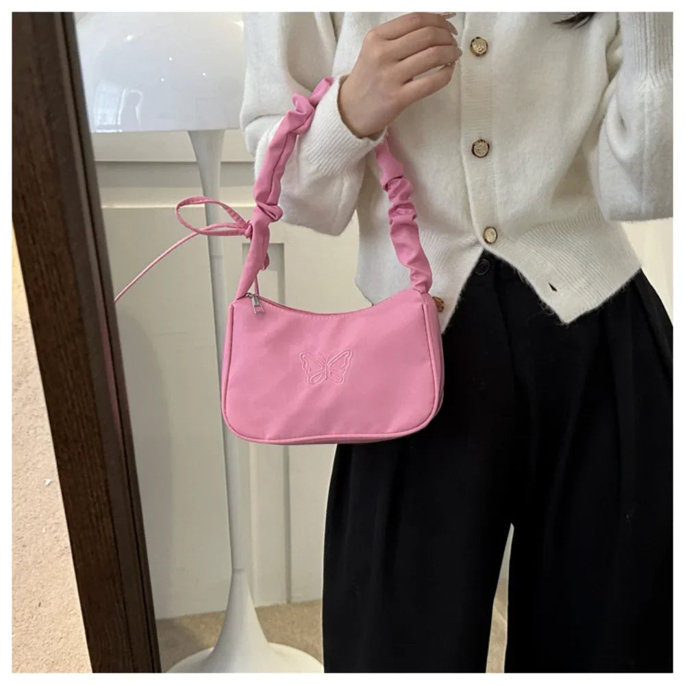 Bordado bowknot borboleta bolsa de ombro y2k-estilo plissado alça náilon arco sacola maquiagem batom bolsa nova