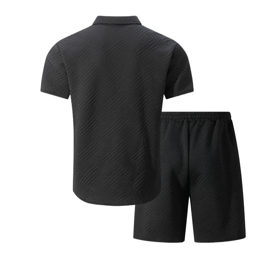 Conjunto Casual Masculino de Verão 2026: Camisa de Manga Curta com Gola Lapela em Tricô Waffle Jacquard de Cor Sólida e Shorts - Lançamento Quente!