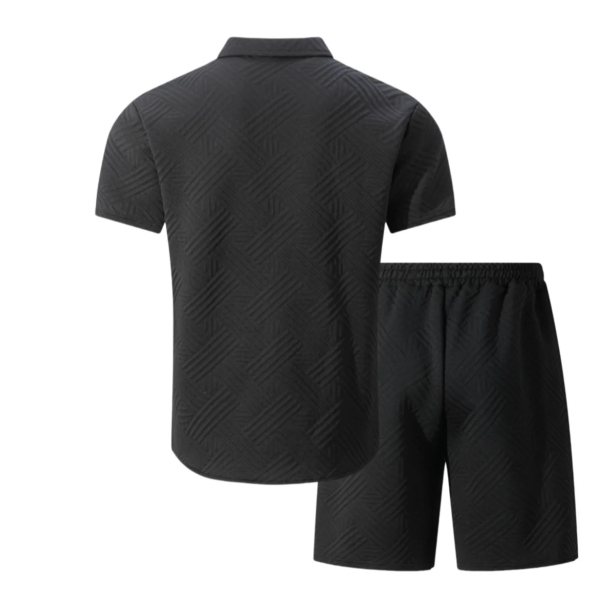 Conjunto Casual Masculino de Verão 2026: Camisa de Manga Curta com Gola Lapela em Tricô Waffle Jacquard de Cor Sólida e Shorts - Lançamento Quente!