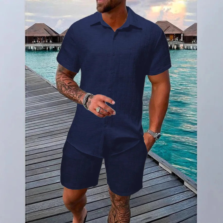 2025 novo verão masculino de manga curta terno lapela moda casual praia listrado terno xadrez