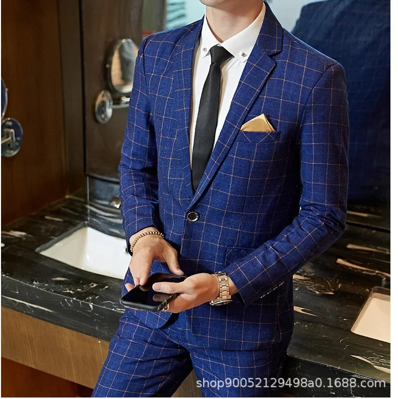Terno de casamento xadrez fino ajuste masculino jaqueta estilo coreano negócios casual terno único breasted com conjunto de padrinhos de casamento wear
