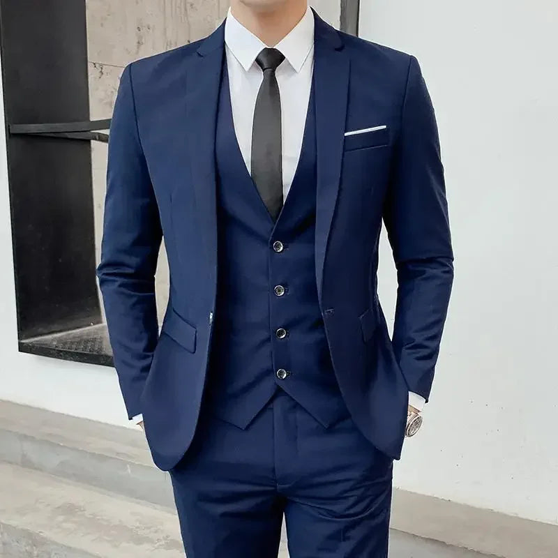 Terno (blazer + colete + calças) moda masculina negócios ao ar livre tendência cor sólida casual fino-ajuste casamento anfitrião cavalheiro terno 6xl