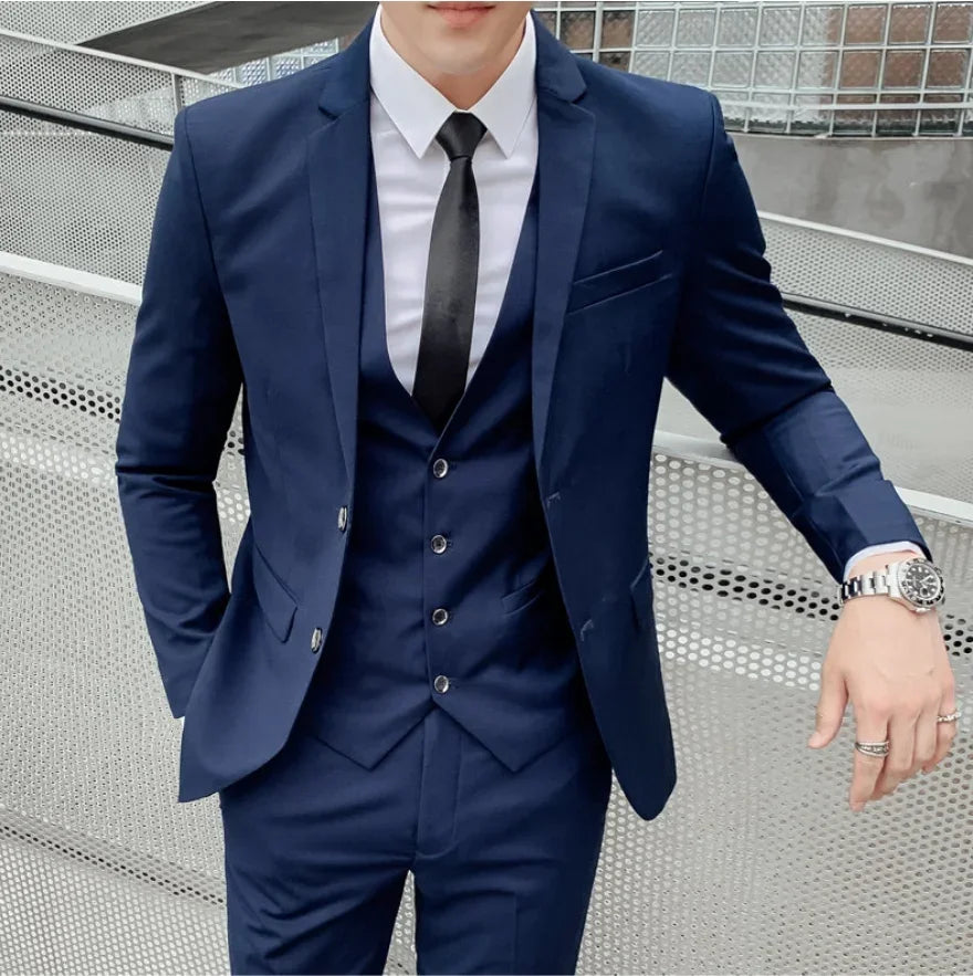 Terno (blazer + colete + calças) moda masculina negócios ao ar livre tendência cor sólida casual fino-ajuste casamento anfitrião cavalheiro terno 6xl
