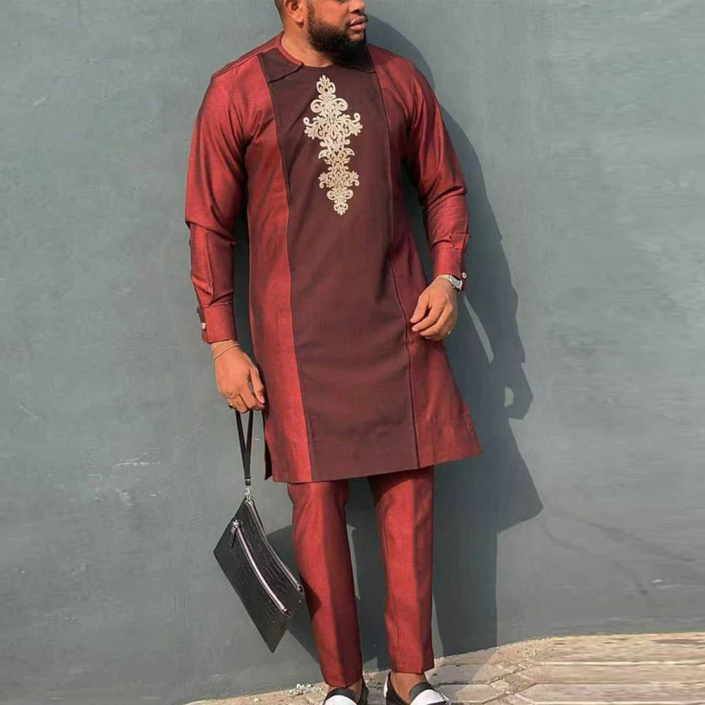 Traje Masculino Africano com Bordado Temos, Conjunto de Duas Peças, Calça Longa, Estilo Étnico Casual, Traje de Casamento, Terno para Noivos.