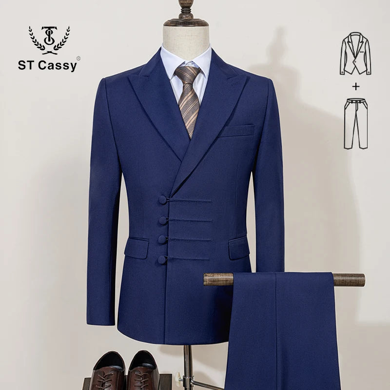 Terno masculino elegante ST Cassy para casamento, cinza, slim fit, trespassado, com vários botões, casual, para negócios, conjunto de 2 peças para festa.