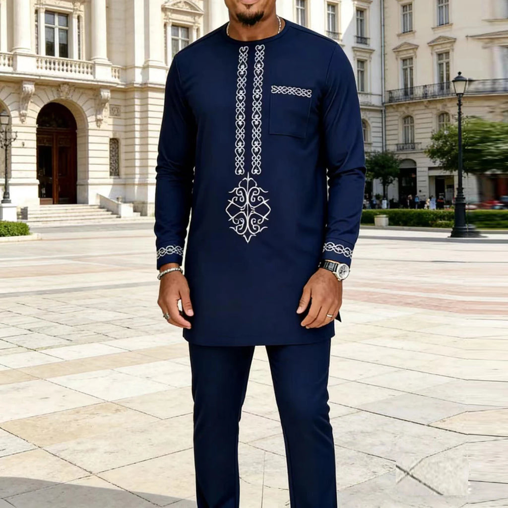Traje Masculino Africano com Bordado Temos, Conjunto de Duas Peças, Calça Longa, Estilo Étnico Casual, Traje de Casamento, Terno para Noivos.