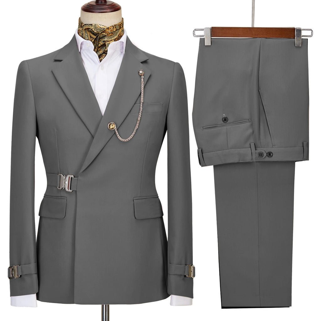 Terno de negócios masculino com fivela de metal, jaqueta casual, casaco boutique, vestido de noiva do noivo, blazers e calças, moda elegante