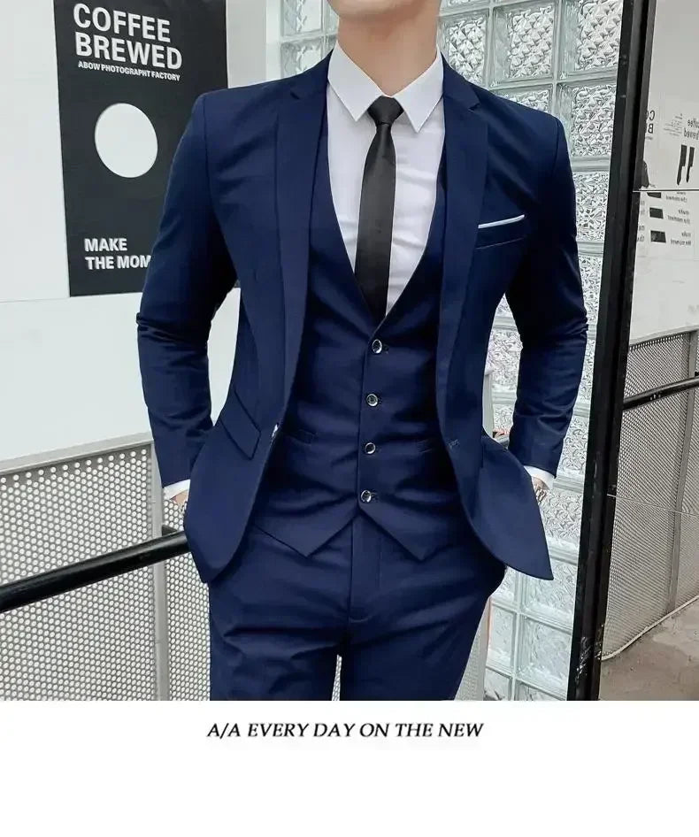 Terno (blazer + colete + calças) moda masculina negócios ao ar livre tendência cor sólida casual fino-ajuste casamento anfitrião cavalheiro terno 6xl