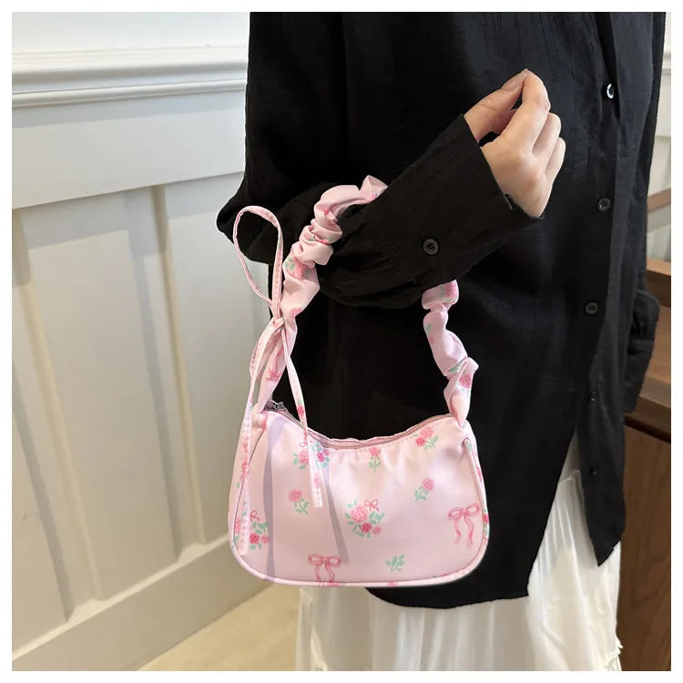 Bolsas femininas nova doce impressão bolsas de lona coreano floral arco impresso zíper sacola feminina pequena bolsa de ombro