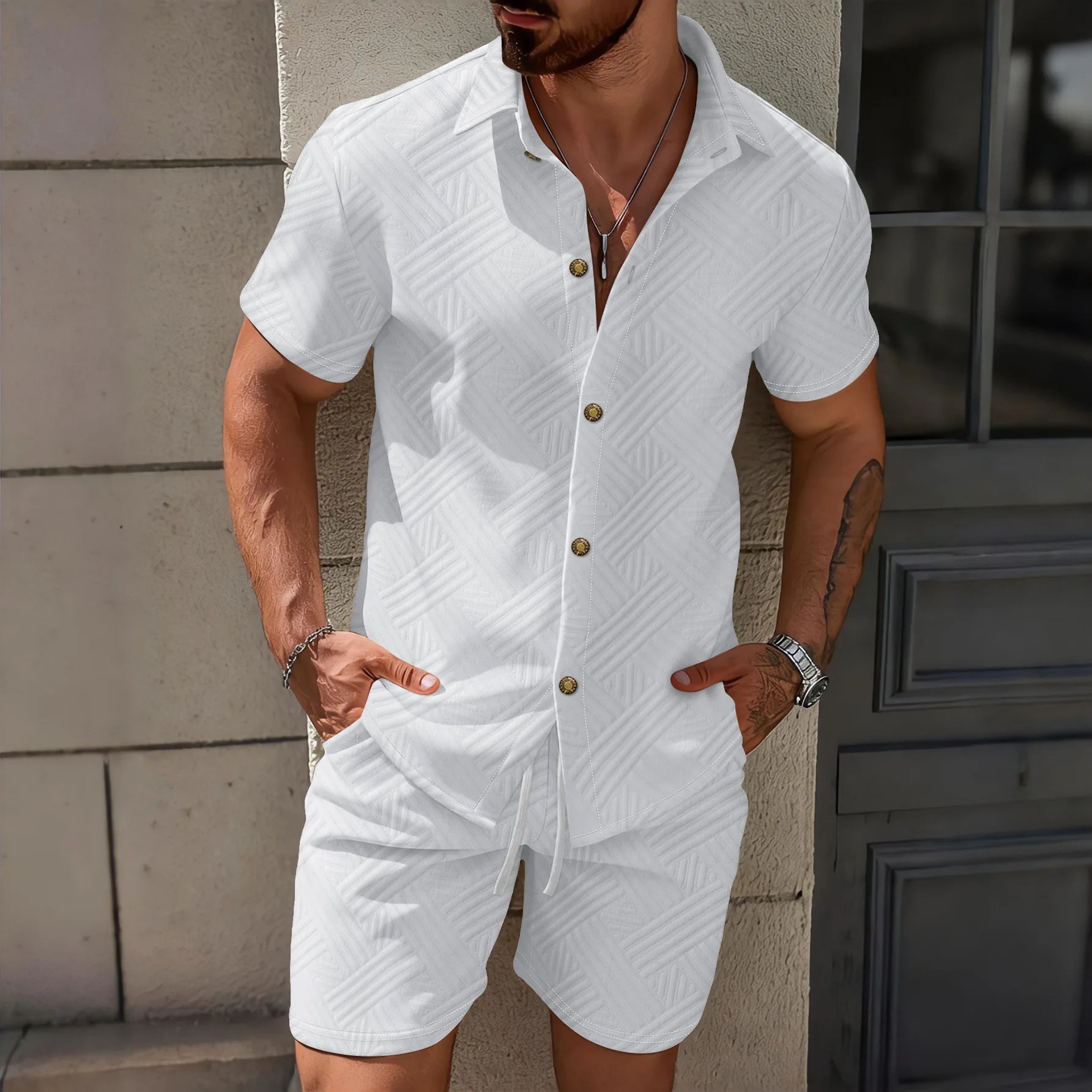 Conjunto Casual Masculino de Verão 2026: Camisa de Manga Curta com Gola Lapela em Tricô Waffle Jacquard de Cor Sólida e Shorts - Lançamento Quente!