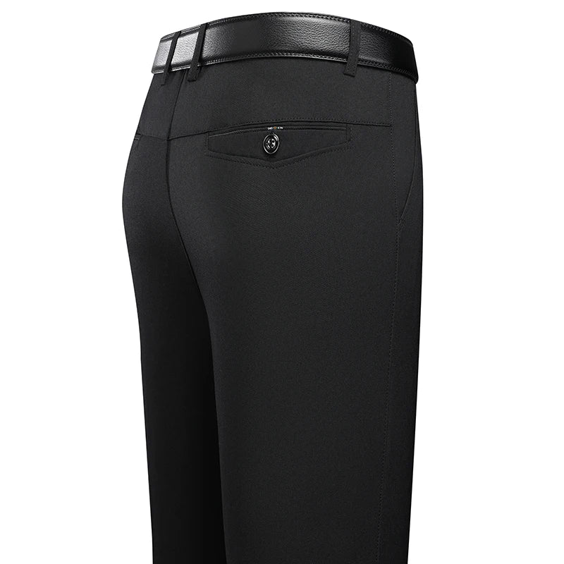 Calças masculinas negócios calças casuais verão outono vestido calças retas elástico preto cinza solto calças formais