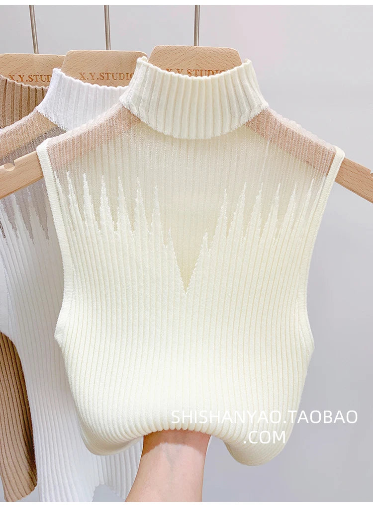 Top de malha de malha feminina y2k regata meio pescoço colete feminino sem mangas camisola chique corte streetwear sólido magro tubo topo