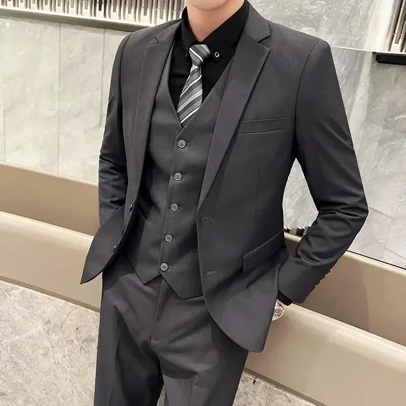 Terno (blazer + colete + calças) moda masculina negócios ao ar livre tendência cor sólida casual fino-ajuste casamento anfitrião cavalheiro terno 6xl