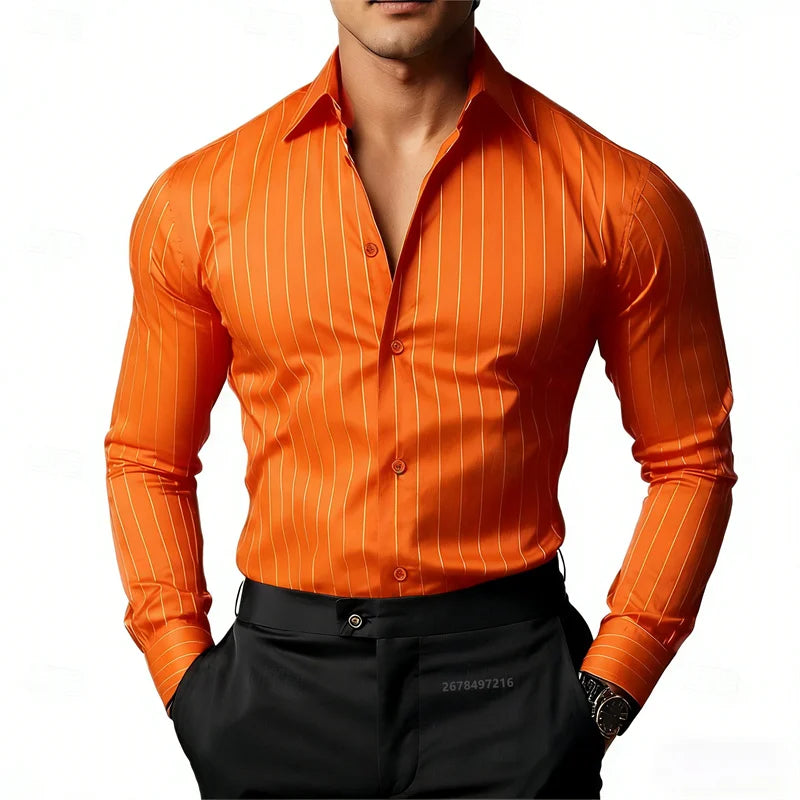 Camisa masculina listrada de manga comprida, business casual, versátil, com gola lapela e design de botão, disponível em 19 cores.