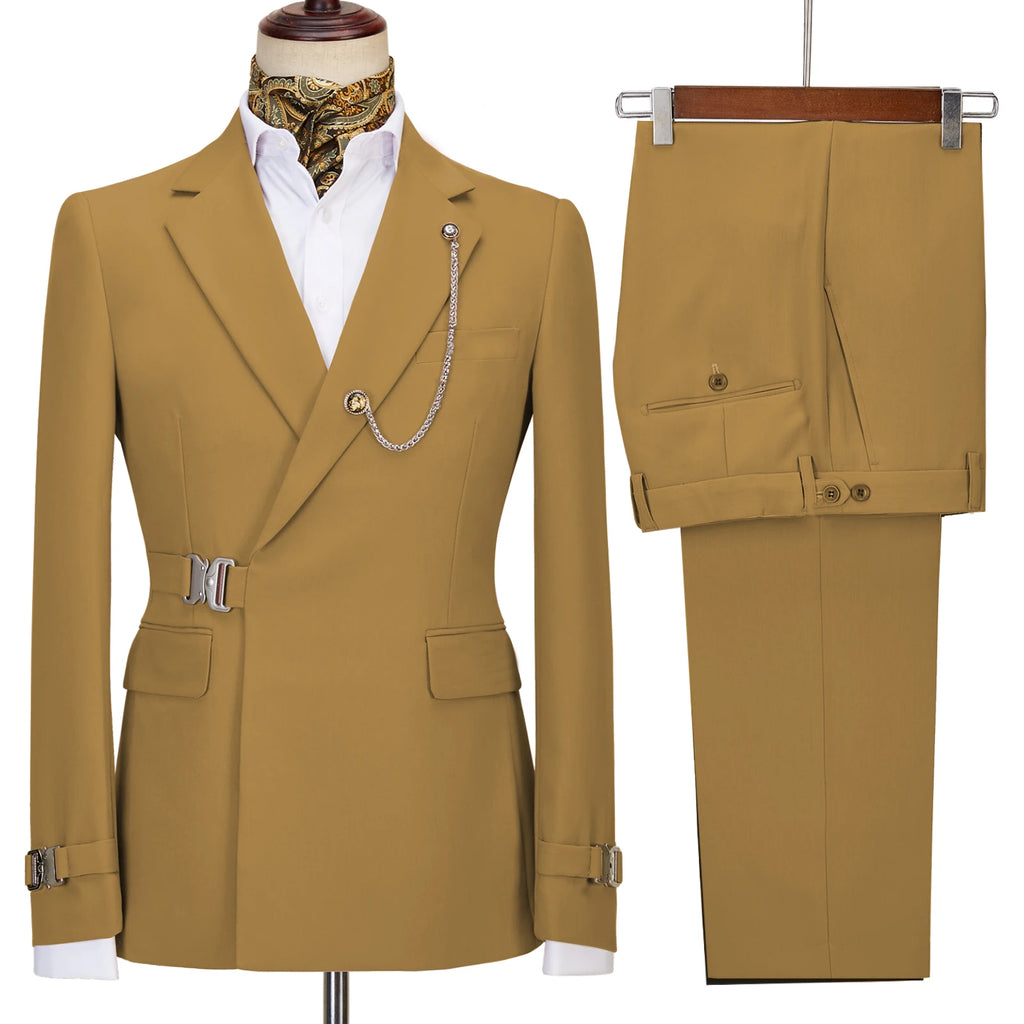 Terno de negócios masculino com fivela de metal, jaqueta casual, casaco boutique, vestido de noiva do noivo, blazers e calças, moda elegante