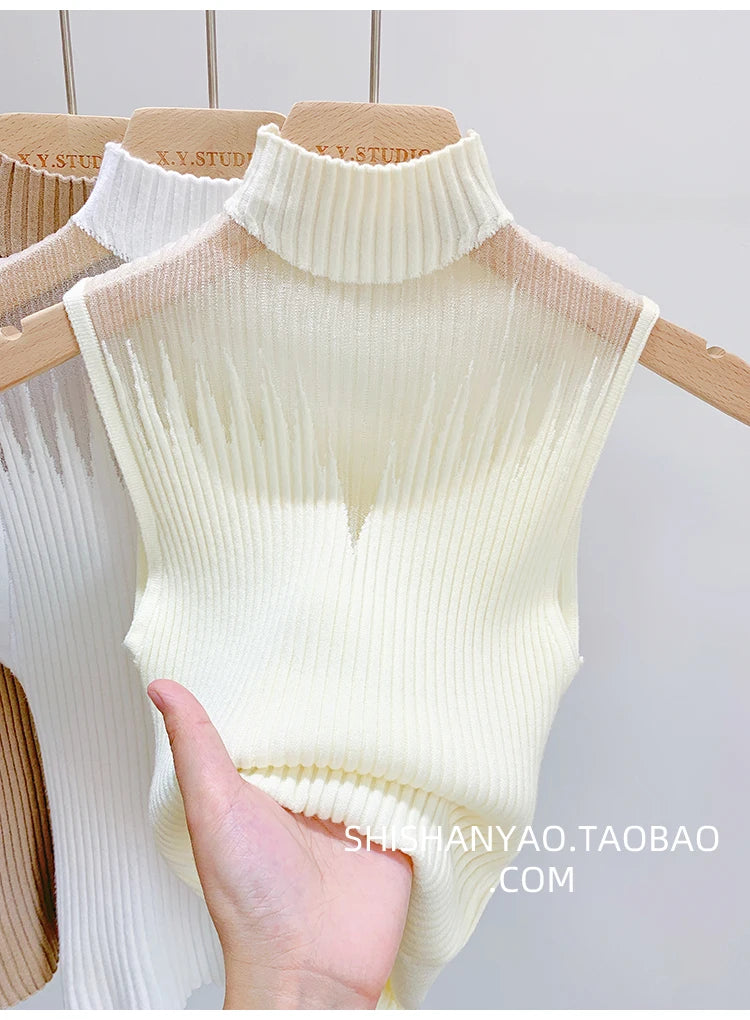 Top de malha de malha feminina y2k regata meio pescoço colete feminino sem mangas camisola chique corte streetwear sólido magro tubo topo