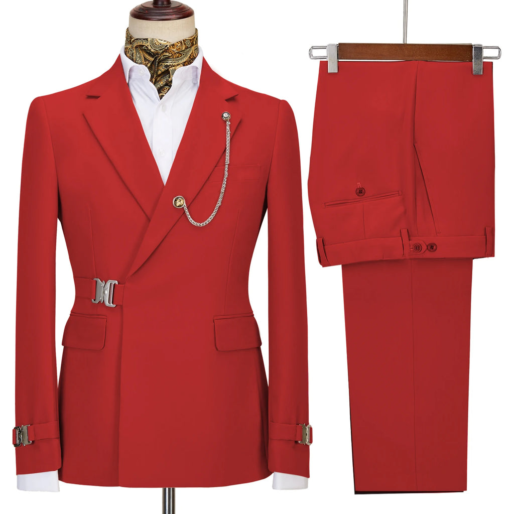 Terno de negócios masculino com fivela de metal, jaqueta casual, casaco boutique, vestido de noiva do noivo, blazers e calças, moda elegante
