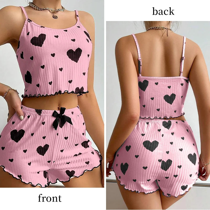 Conjunto de pijamas femininos pijamas 2 peças regata curta e shorts s m l branco ventilar macio casual amor impressão