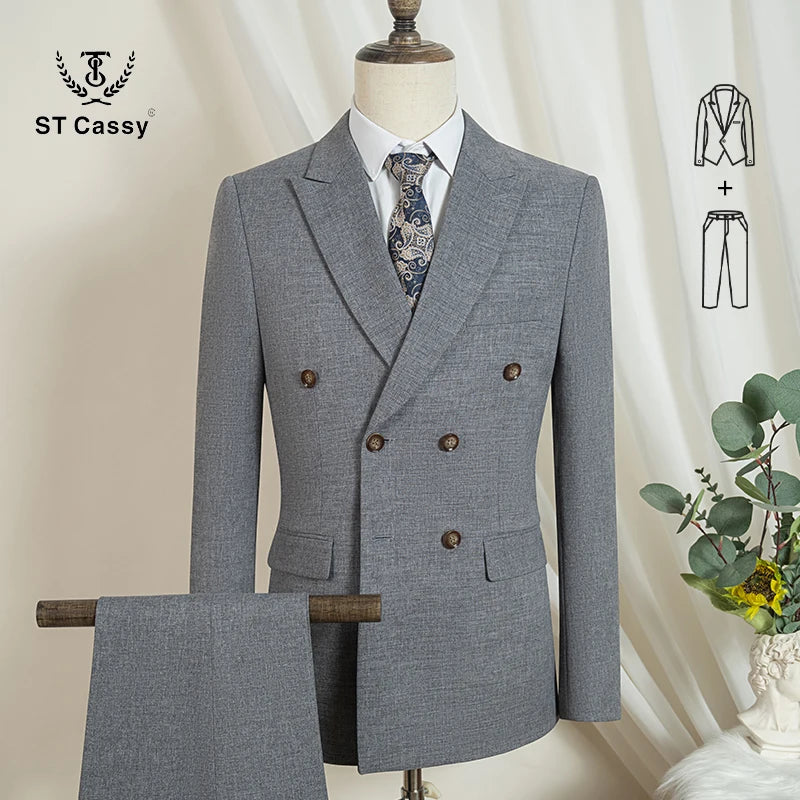 Terno masculino elegante azul escuro ST Cassy, conjunto de 2 peças, moderno, para casamento, festas, negócios e escritório.