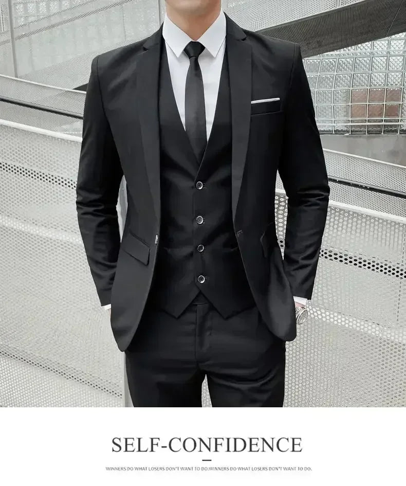 Terno (blazer + colete + calças) moda masculina negócios ao ar livre tendência cor sólida casual fino-ajuste casamento anfitrião cavalheiro terno 6xl