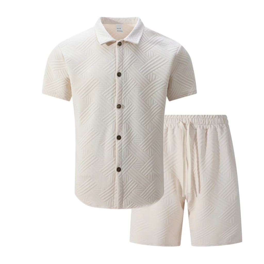Conjunto Casual Masculino de Verão 2026: Camisa de Manga Curta com Gola Lapela em Tricô Waffle Jacquard de Cor Sólida e Shorts - Lançamento Quente!