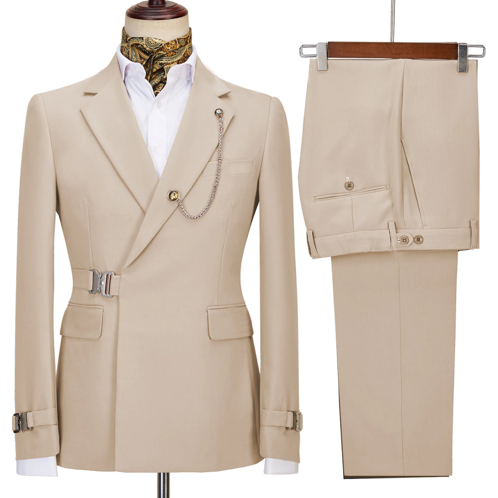 Terno de negócios masculino com fivela de metal, jaqueta casual, casaco boutique, vestido de noiva do noivo, blazers e calças, moda elegante