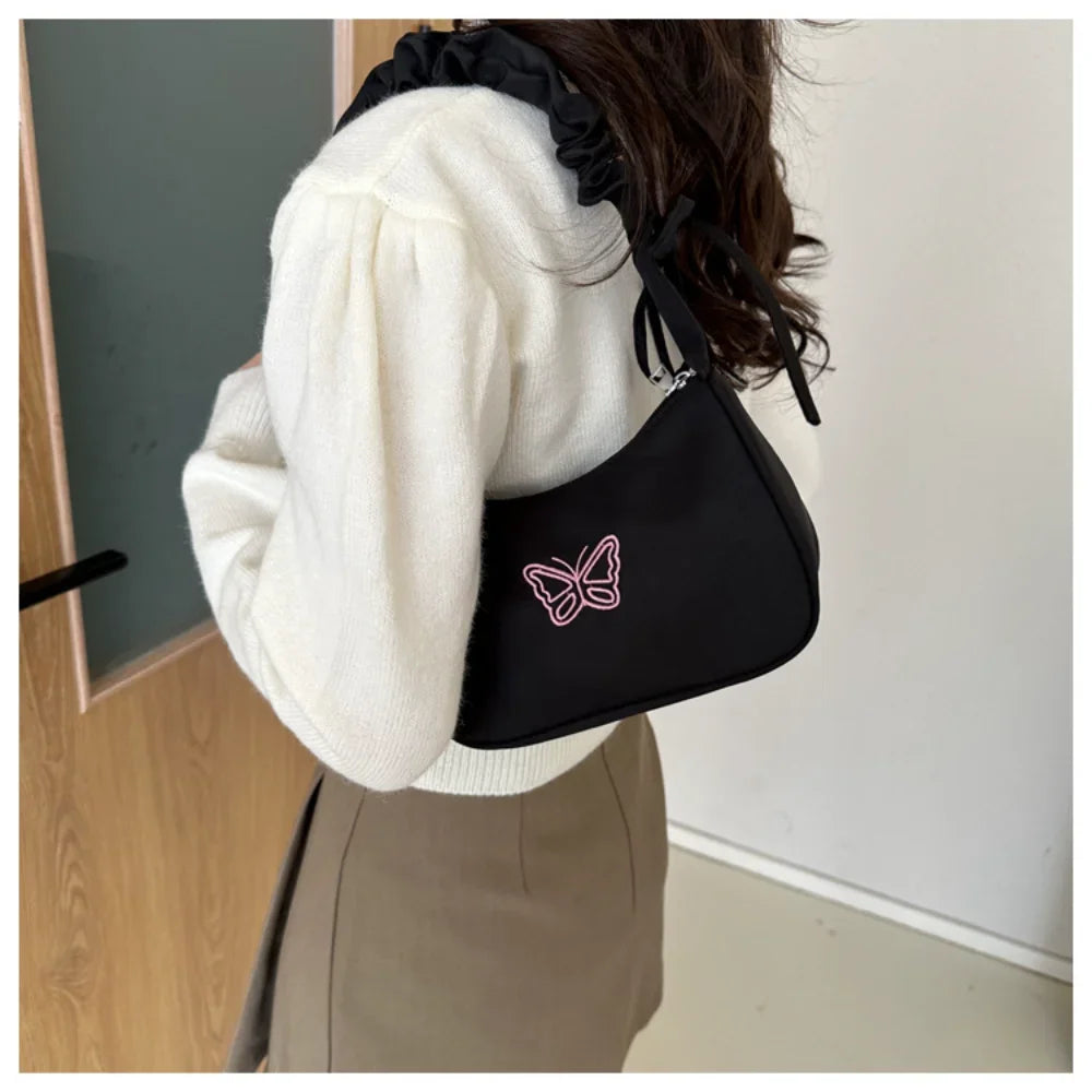 Bordado bowknot borboleta bolsa de ombro y2k-estilo plissado alça náilon arco sacola maquiagem batom bolsa nova