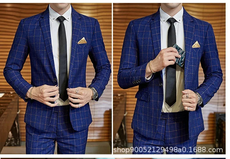 Terno de casamento xadrez fino ajuste masculino jaqueta estilo coreano negócios casual terno único breasted com conjunto de padrinhos de casamento wear