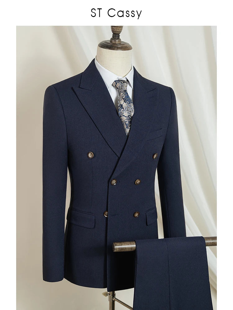 Terno masculino elegante azul escuro ST Cassy, conjunto de 2 peças, moderno, para casamento, festas, negócios e escritório.
