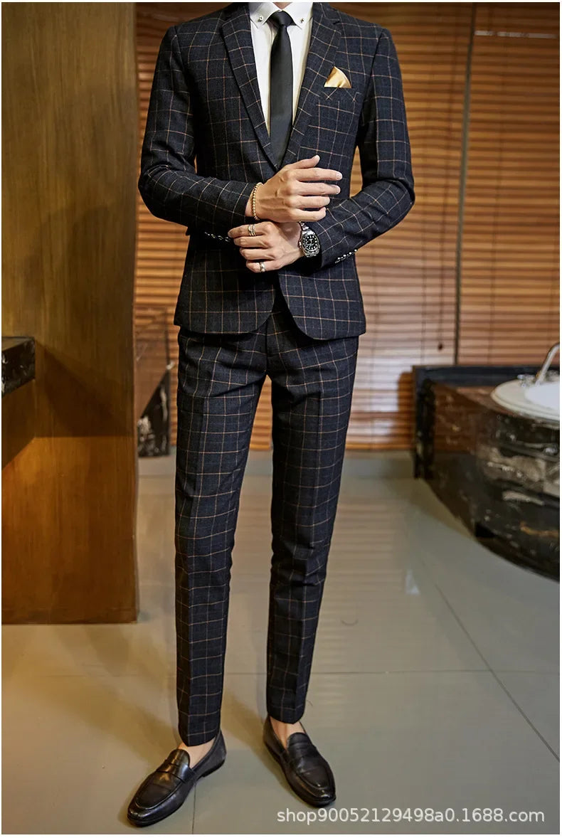 Terno de casamento xadrez fino ajuste masculino jaqueta estilo coreano negócios casual terno único breasted com conjunto de padrinhos de casamento wear