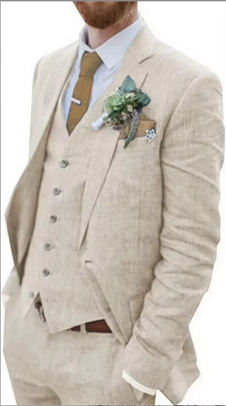 Terno de Linho Bege/Azul para Homens, 3 Peças, Slim Fit, Formal, para Casamento, Baile de Formatura, Conjunto de Smokings, Traje de Padrinho e Noivo, Novo Design