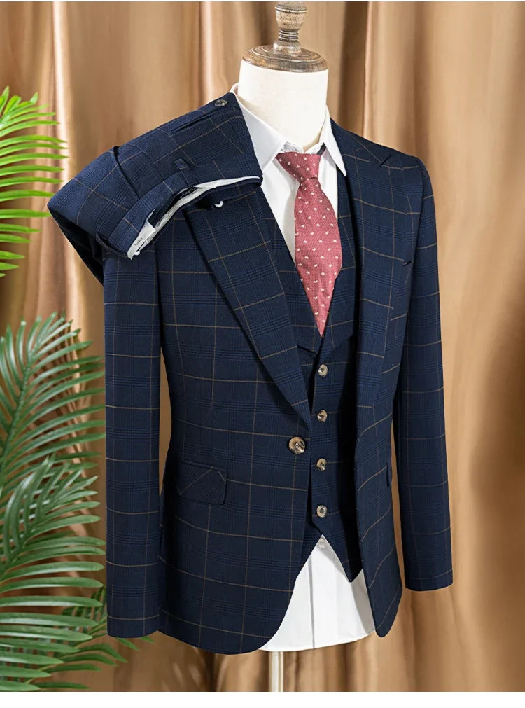 Conjunto de terno xadrez de 3 peças, azul escuro, elegante, para negócios, escritório, casamento, traje formal, elegante, completo, para jantar.