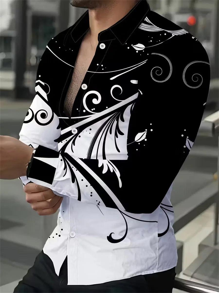 Camisa masculina de manga comprida com design de estampa de linha geométrica preta e dourada, blusa cardigã casual elegante, tecido confortável.