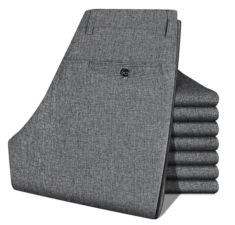 Calças masculinas negócios calças casuais verão outono vestido calças retas elástico preto cinza solto calças formais