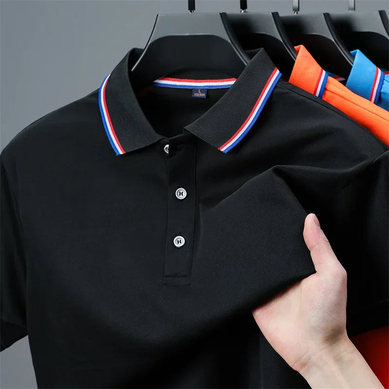 2025 nova camisa polo masculina casual de cor sólida de manga curta verão elegante e confortável versátil topo