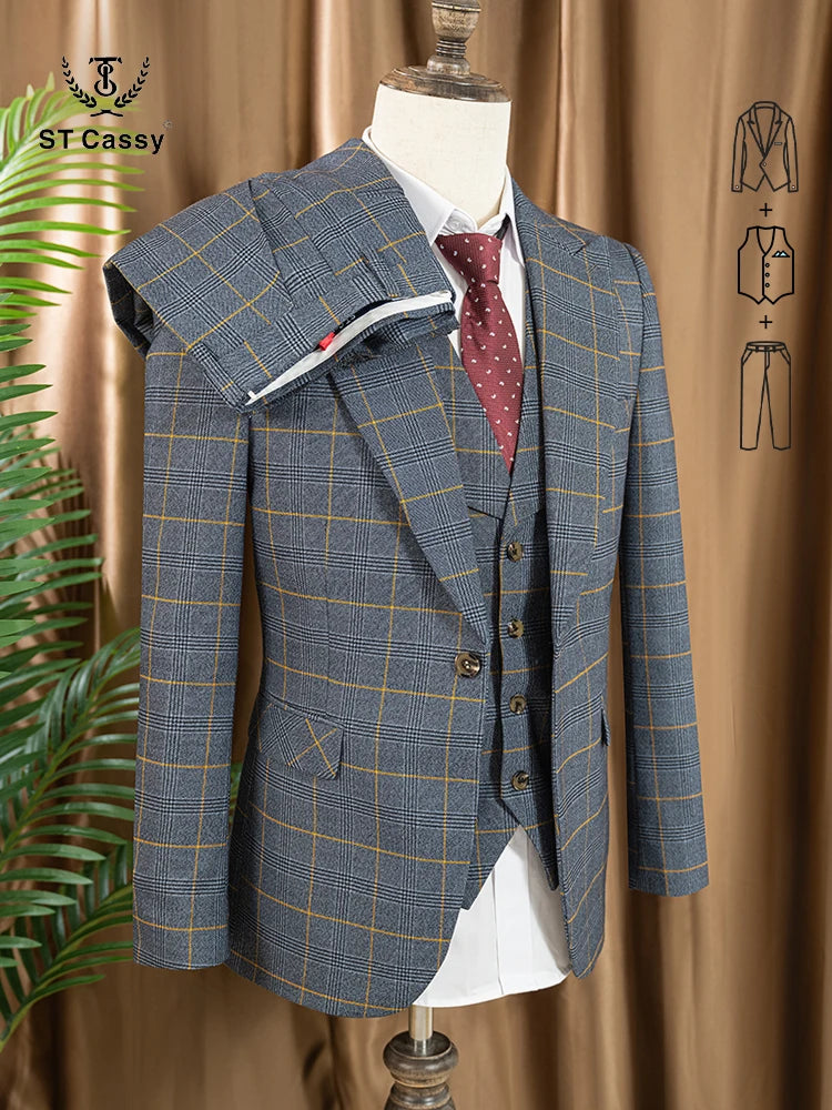 Conjunto de terno xadrez de 3 peças, azul escuro, elegante, para negócios, escritório, casamento, traje formal, elegante, completo, para jantar.