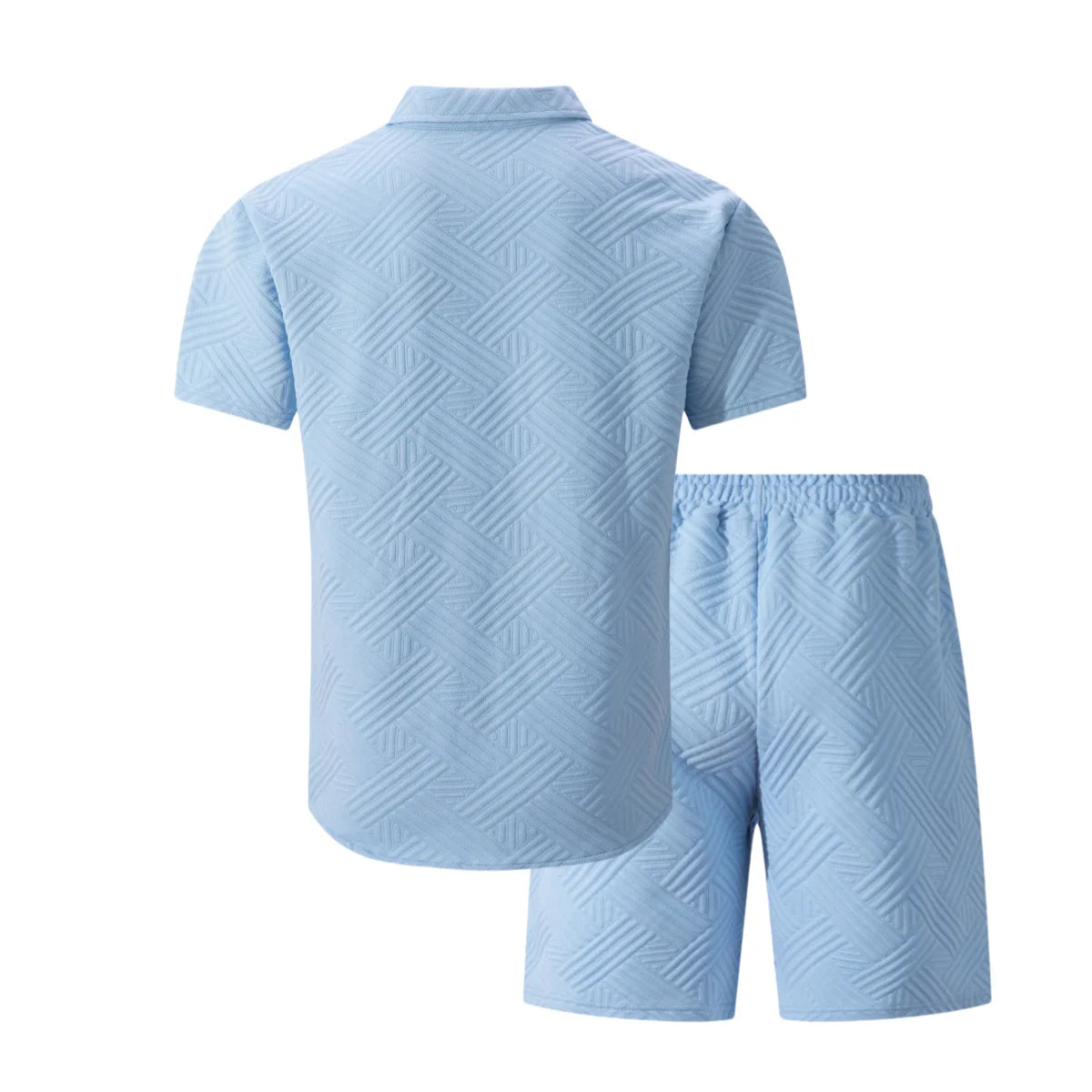 Conjunto Casual Masculino de Verão 2026: Camisa de Manga Curta com Gola Lapela em Tricô Waffle Jacquard de Cor Sólida e Shorts - Lançamento Quente!