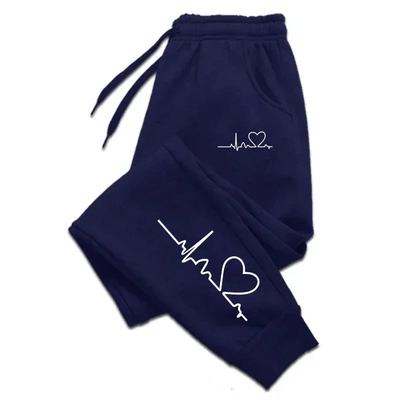 Calça de moletom feminina com estampa de coração, casual, de alta qualidade, fitness, moda, baggy, quente, esporte de rua, corrida, uso diário