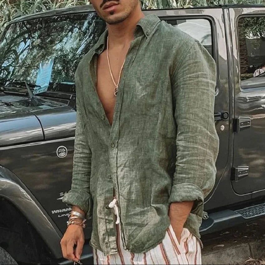 Camisa masculina casual e elegante de cor sólida fina de manga comprida com gola/cardigan leve e respirável, adequada para atividades ao ar livre