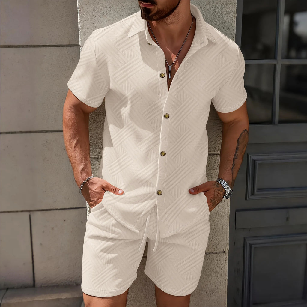 Conjunto Casual Masculino de Verão 2026: Camisa de Manga Curta com Gola Lapela em Tricô Waffle Jacquard de Cor Sólida e Shorts - Lançamento Quente!