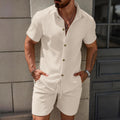 Conjunto Casual Masculino de Verão 2026: Camisa de Manga Curta com Gola Lapela em Tricô Waffle Jacquard de Cor Sólida e Shorts - Lançamento Quente!
