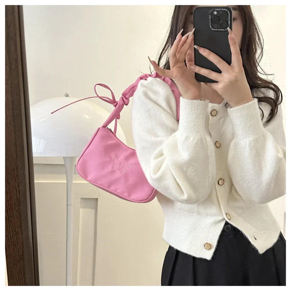 Bordado bowknot borboleta bolsa de ombro y2k-estilo plissado alça náilon arco sacola maquiagem batom bolsa nova