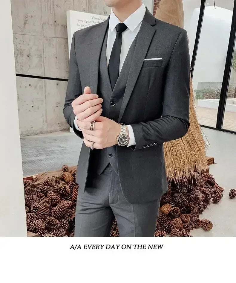 Terno (blazer + colete + calças) moda masculina negócios ao ar livre tendência cor sólida casual fino-ajuste casamento anfitrião cavalheiro terno 6xl