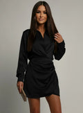Vestido camisa sofisticado de cetim – Minivestido elegante e justo com mangas compridas e gola, perfeito para eventos noturnos