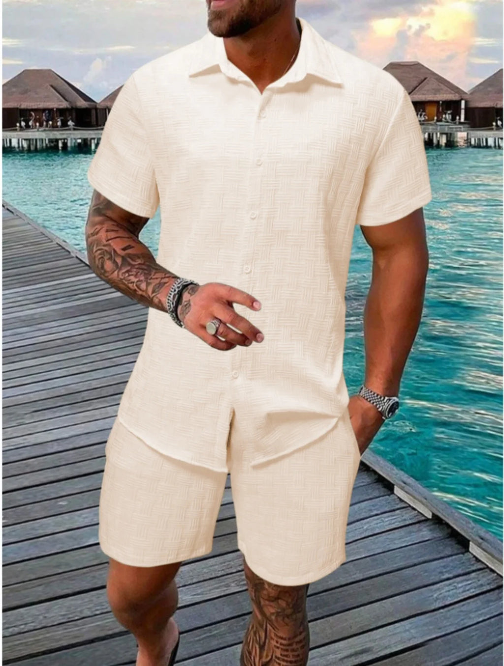 2025 novo verão masculino de manga curta terno lapela moda casual praia listrado terno xadrez